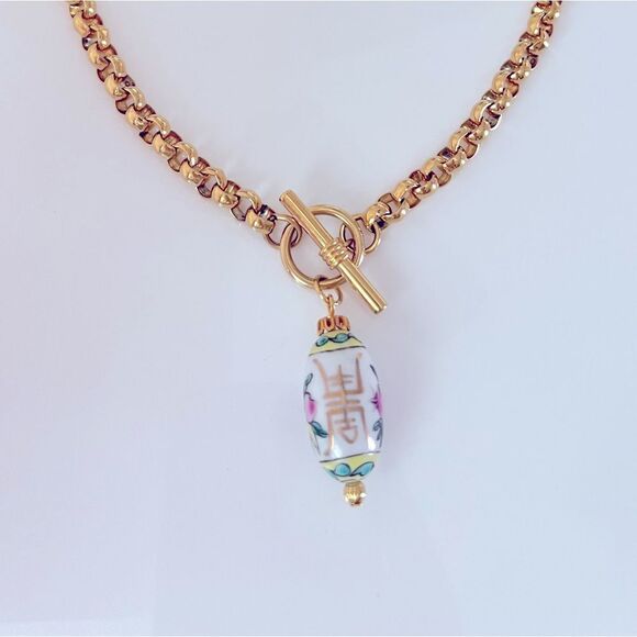 Chinese Porcelain Floral Bead Pendant Necklace - Picture 5 of 6